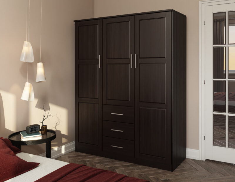 100% Solid Wood Cosmo 3-Door Wardrobe with Raised Panel Doors