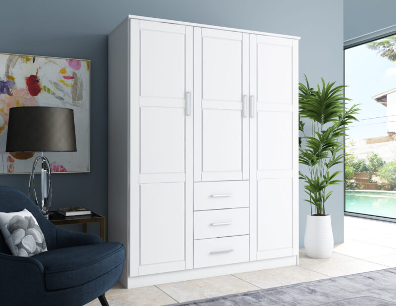 100% Solid Wood Cosmo 3-Door Wardrobe with Raised Panel Doors