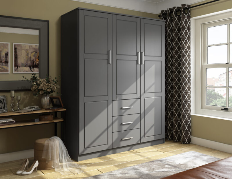 100% Solid Wood Cosmo 3-Door Wardrobe with Raised Panel Doors