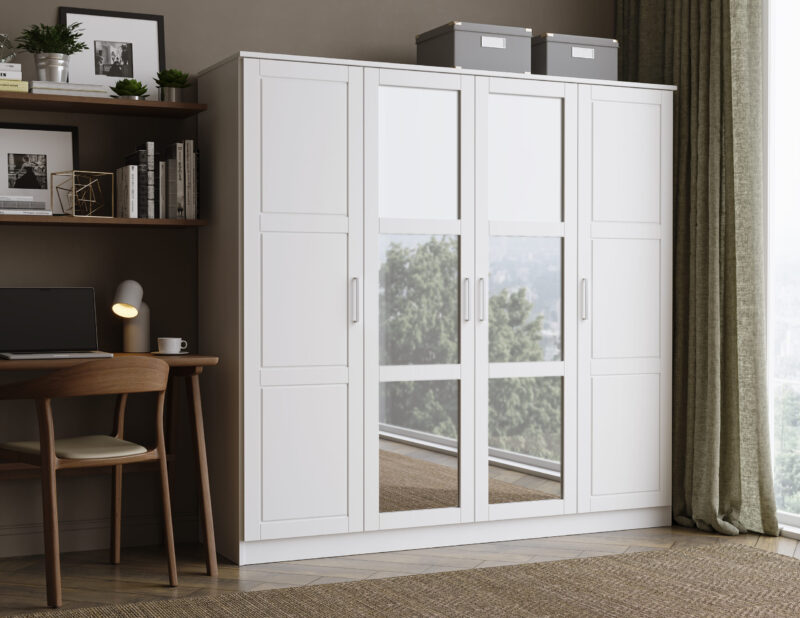 100% Solid Wood Cosmo 4-Door Wardrobe with Mirrored Doors