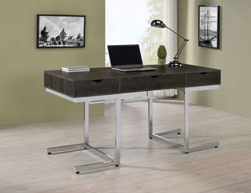 Noorvik 3-drawer Writing Desk Dark Oak and Chrome