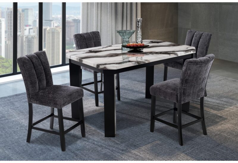 D06 BAR TABLE AND 4 D06 DARK GREY BAR STOOLS