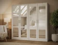 100% Solid Wood Urban 4-Door Wardrobe Armoire, Mirrored Doors