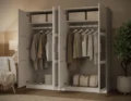 100% Solid Wood Urban 4-Door Wardrobe Armoire, Mirrored Doors