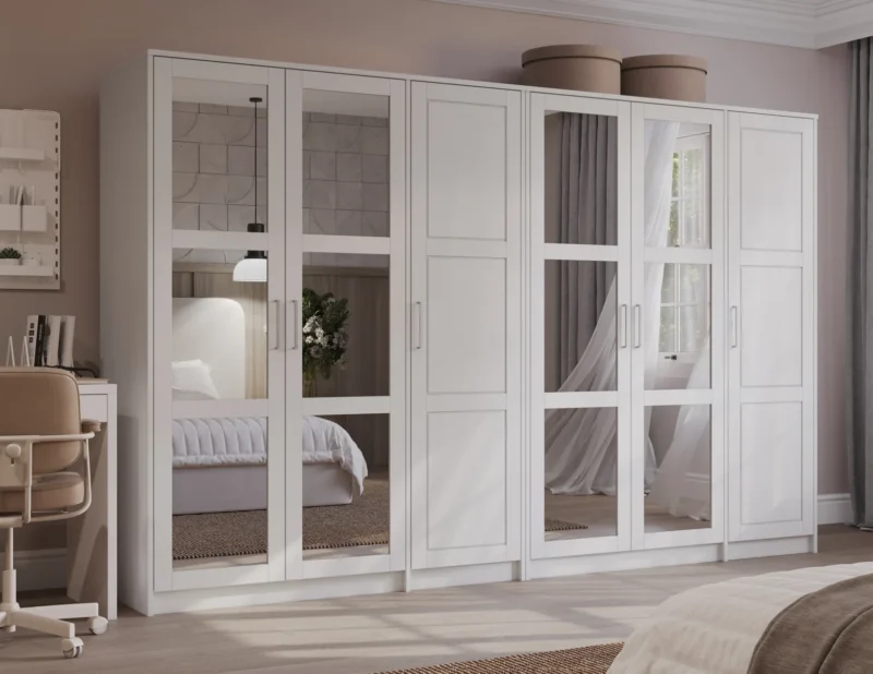 100% Solid Wood Urban 6-Door Wardrobe Closet with Mirrored Doors